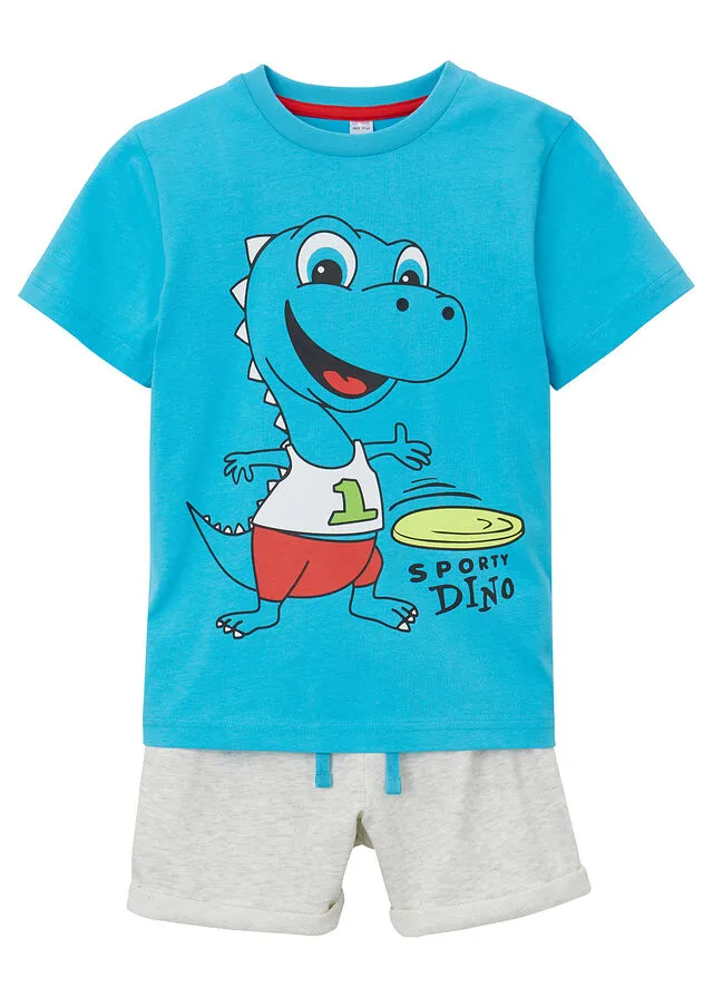 CAMISETA Y PANTALóN CORTO PARA NIñO (2 PIEZAS) TURQUESANATURAL JASPEADO